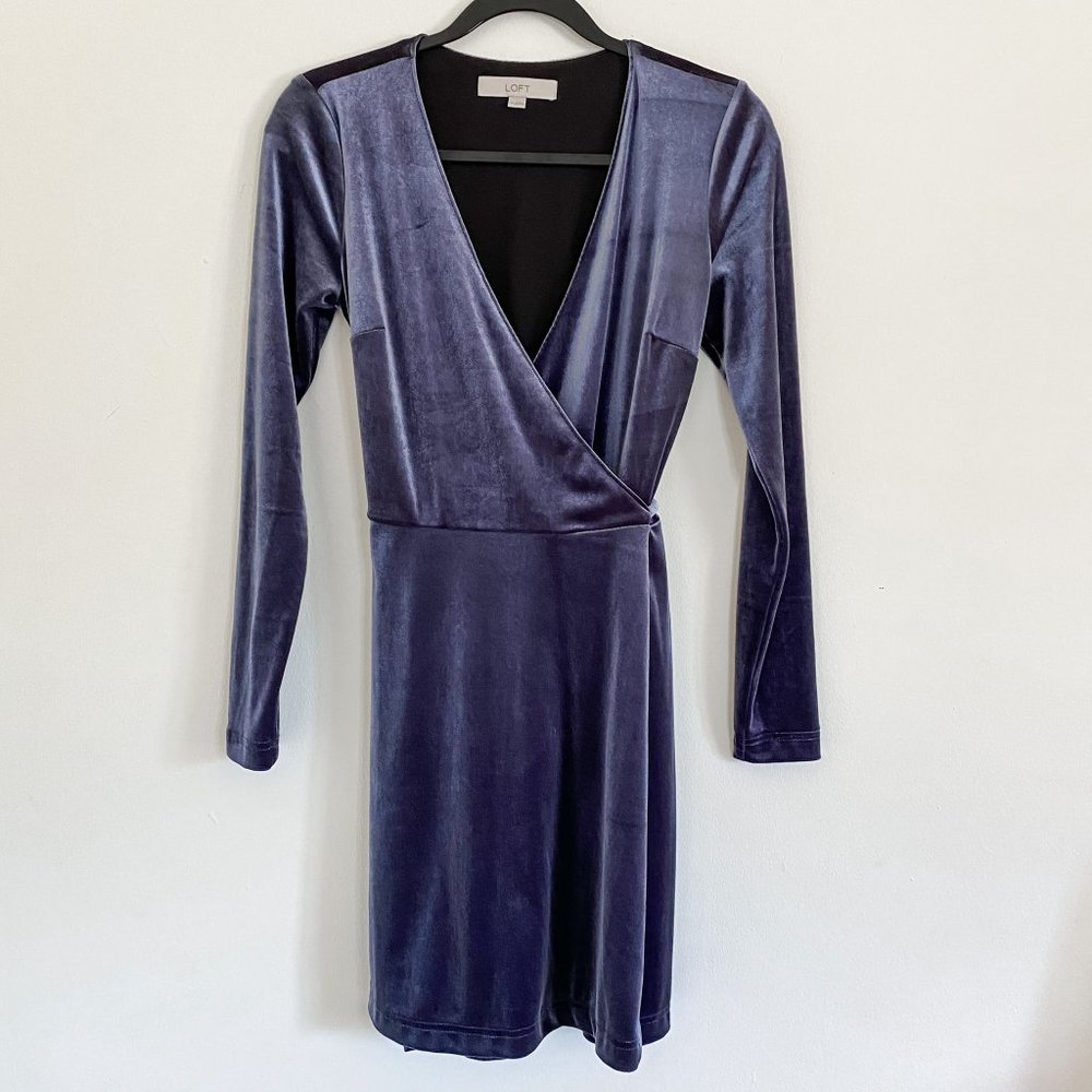 LOFT Grey Velvet Wrap Long Sleeve Dress Size XS